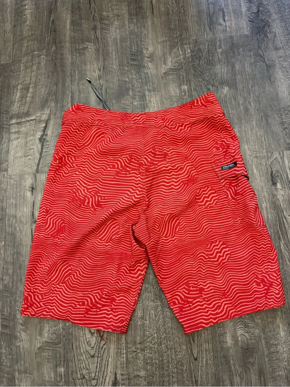 Volcom Red Wave-Pattern Kids Swim Trunks